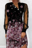 Elegant Print Patchwork Buttons Mesh V Neck Princess Dresses