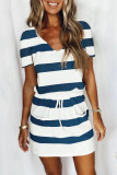 Casual Striped Draw String V Neck A Line Dresses