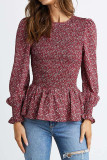 Sweet Elegant Floral Fold Printing O Neck Tops