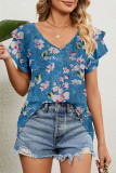 Casual Sweet Floral Flounce V Neck T-Shirts
