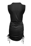 Work Solid Draw String Solid Color O Neck A Line Dresses