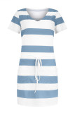 Casual Striped Draw String V Neck A Line Dresses