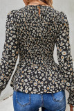 Sweet Elegant Floral Fold Printing O Neck Tops