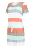 Casual Striped Draw String V Neck A Line Dresses