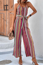 Vintage Elegant Striped Printing V Neck Regular Jumpsuits