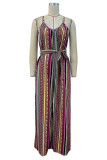 Vintage Elegant Striped Printing V Neck Regular Jumpsuits