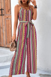 Vintage Elegant Striped Printing V Neck Regular Jumpsuits