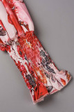 Sweet Elegant Print Patchwork V Neck Waist Skirt Dresses