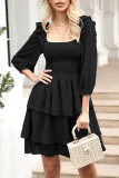Elegant Solid Flounce Square Collar Cake Skirt Dresses