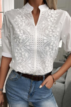 Elegant Solid Embroidered Mandarin Collar Tops