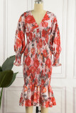 Sweet Elegant Print Patchwork V Neck Waist Skirt Dresses