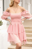 Elegant Solid Flounce Square Collar Cake Skirt Dresses