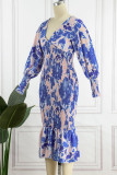 Sweet Elegant Print Patchwork V Neck Waist Skirt Dresses