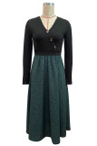 Elegant Print Patchwork Buttons V Neck A Line Dresses