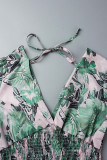 Sweet Elegant Print Patchwork V Neck Waist Skirt Dresses