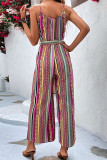 Vintage Elegant Striped Printing V Neck Regular Jumpsuits