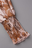 Sweet Elegant Print Patchwork V Neck Waist Skirt Dresses
