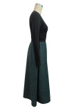 Elegant Print Patchwork Buttons V Neck A Line Dresses