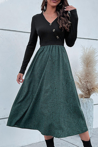 Elegant Print Patchwork Buttons V Neck A Line Dresses