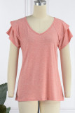 Casual Simplicity Solid Flounce Solid Color V Neck T-Shirts
