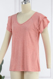 Casual Simplicity Solid Flounce Solid Color V Neck T-Shirts