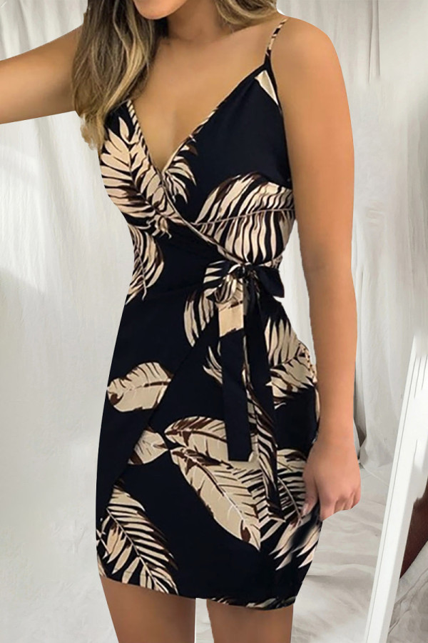 Sexy Print Patchwork V Neck Sling Dress Dresses