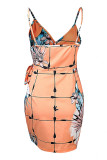 Sexy Print Patchwork V Neck Sling Dress Dresses