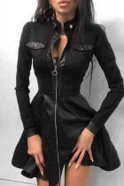 Sweet Elegant Solid Zipper Mandarin Collar A Line Dresses