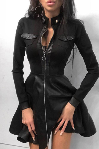 Sweet Elegant Solid Zipper Mandarin Collar A Line Dresses