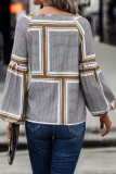 Casual Geometric Patchwork Frenulum V Neck Tops