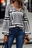 Casual Geometric Patchwork Frenulum V Neck Tops