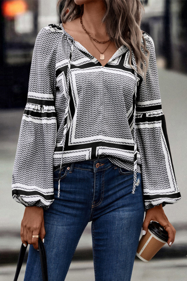 Casual Geometric Patchwork Frenulum V Neck Tops