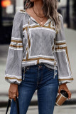 Casual Geometric Patchwork Frenulum V Neck Tops