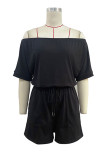 Casual Simplicity Solid Draw String Off the Shoulder Loose Rompers