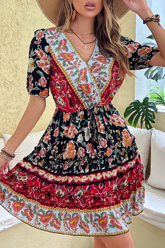 Bohemian Vintage National Totem Print V Neck A Line Dresses
