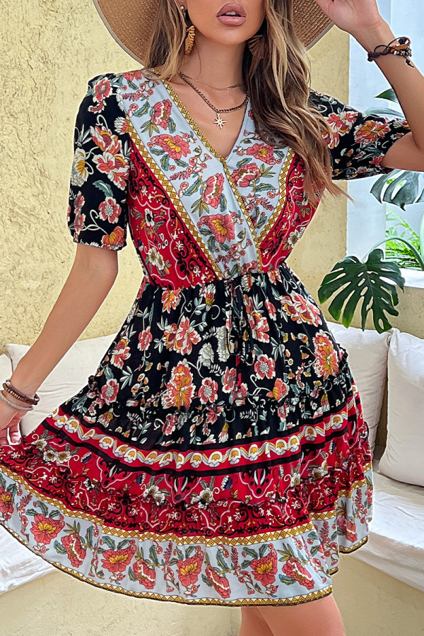 Bohemian Vintage National Totem Print V Neck A Line Dresses