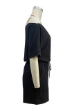 Casual Simplicity Solid Draw String Off the Shoulder Loose Rompers