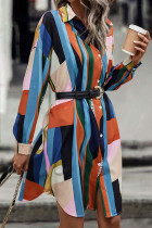 Casual Geometric Patchwork Without Belt Contrast Turndown Collar A Line Dresses
