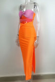 Street Color Block Contrast Strapless Pencil Skirt Dresses