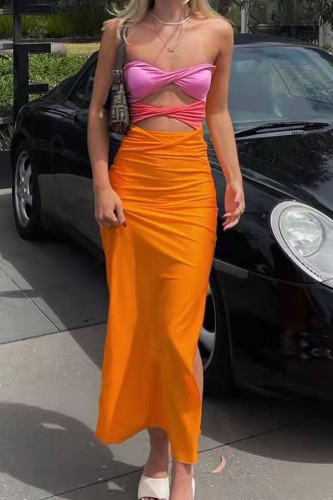 Street Color Block Contrast Strapless Pencil Skirt Dresses