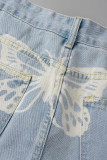 Street Butterfly Print Make Old Patchwork Mid Waist Loose Denim Jeans