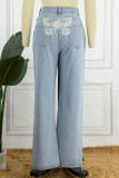 Street Butterfly Print Make Old Patchwork Mid Waist Loose Denim Jeans