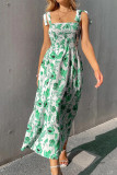 Sweet Elegant Print Frenulum Square Collar Sling Dress Dresses