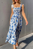 Sweet Elegant Print Frenulum Square Collar Sling Dress Dresses