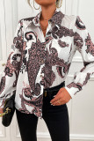 Work Elegant Color Block Printing Turndown Collar Tops