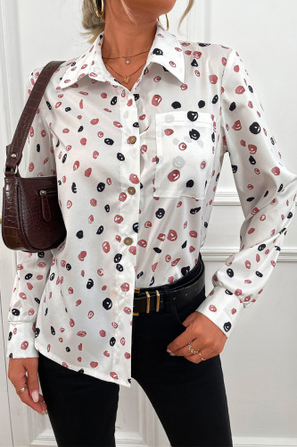 Work Elegant Color Block Printing Turndown Collar Tops