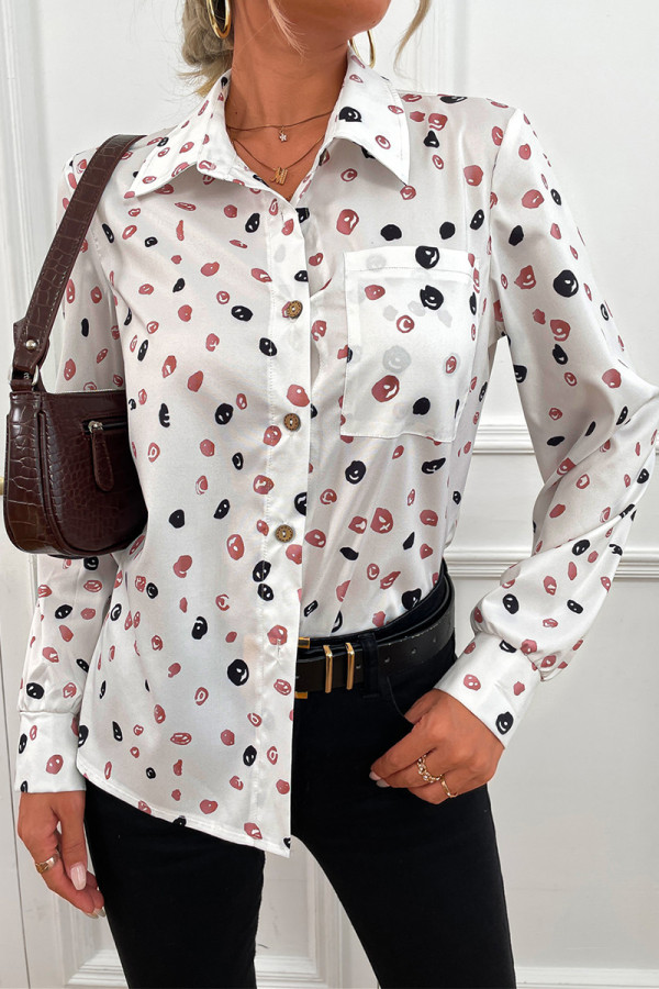 Work Elegant Color Block Printing Turndown Collar Tops