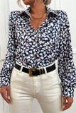 Work Elegant Color Block Printing Turndown Collar Tops