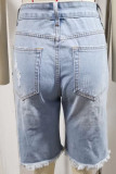 Casual Street Solid Ripped Make Old Mid Waist Denim Shorts