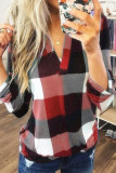 Casual Simplicity Plaid Contrast V Neck Tops